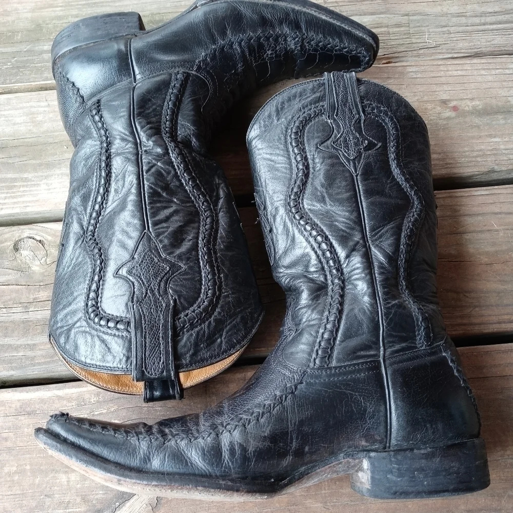 San Angelo Boots men's Western black leather stitch-seamed long toe sz 7.5D. 166
